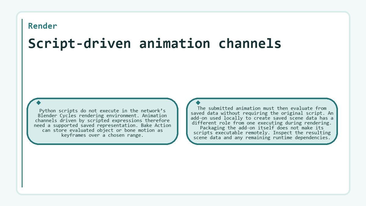Visual outline: Render: Script-driven animation channels